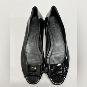 Gucci Black Patent Leather Peekaboo Toe Flats